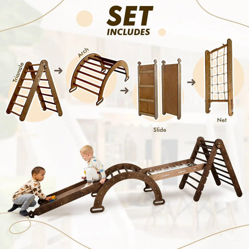 5in1 Montessori Climbing Set: Triangle Ladder, Climbing Arch, Slide, Net & Cushion – Chocolate